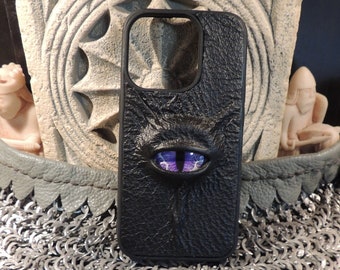 I Phone 15 PRO case(Black  Leather with Purple Eye)