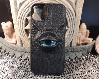 I Phone 14 PLUS  case(Black  Leather with Teal Eye)