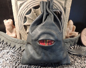 Bolsa de dados de ojo de dragón (cuero verde desgastado con ojo rojo) Monedero de pulsera de cuero genuino RPG