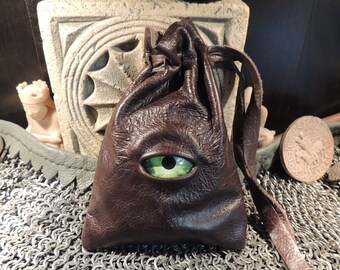 Dragon eye dice bag (Dark Brown leather with Green  Eye)Genuine Leather Wristlet Purse RPG