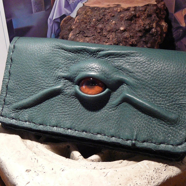 Zombie-eyed Checkbook Cover (Forest Green  leather with Rust eye)