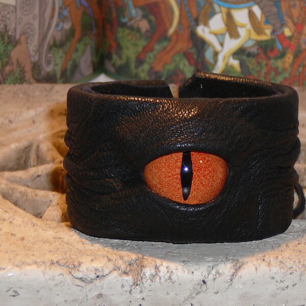 Single Wrist Bracelet-large (Black leather with Red-Orange eye)