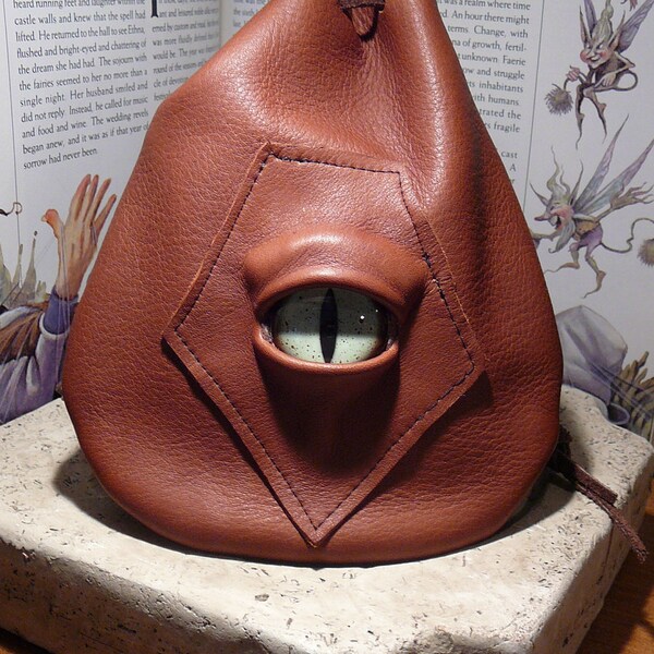 Medium  Brown Leather Bag with Green Dragon Eye