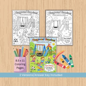 May include: A set of coloring pages titled "Playground Surprises!" with illustrations of playground scenes, children, and a hopscotch game. The set includes 8.5 x 11 inch pages, two versions, and an answer key. Crayons and colored pencils are also visible.