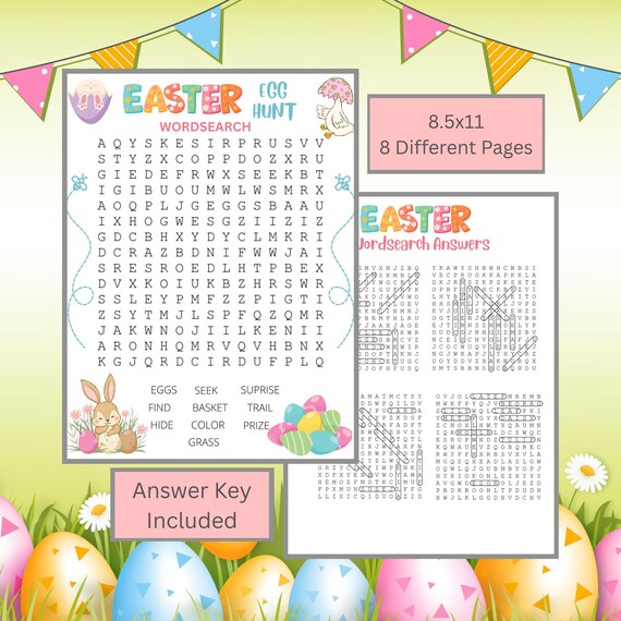 Easter Word Search Printable for Kids, Fun Easter Activity Pack, 8 Page Puzzle Bundle, Classroom or Easter Basket Game PDF