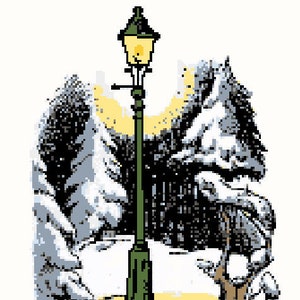 May include: A black and white illustration of a wolf or dog with a street lamp in the background. The lamp is green and has a yellow light.