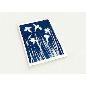 May include: A botanical print featuring white floral silhouettes against a deep blue background. The artwork showcases a stylized depiction of flowers and long, slender leaves, creating a striking contrast. The print is mounted on a white rectangular card.