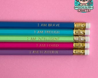 Positive I am Affirmation Pencil Set – Foil Stamped | Set of 5 | Self Care Gift for Students, Teachers, & Coworkers | Mindful Stationery