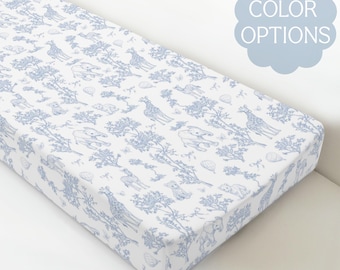 Safari Toile Changing Pad Cover French Nursery Decor Vintage Safari Chinoiserie Baby Shower Gift Blue Green Pink Heirloom Diaper Mat