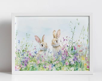 Póster enmarcado con diseño de flores silvestres y conejos, estampado de conejo de primavera, decoración para habitación de bebé, cuentos de animales, jardín, flores, conejito, regalo para baby shower.