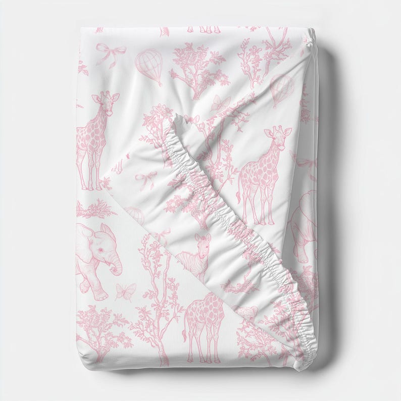 Safari Toile Spjälsängslakan Blågrönt Rosa Babydjurssängkläder Fransk Lantlig Barnkammardekor Djungel Elefant Giraff Duschgåva Neutral bild 3