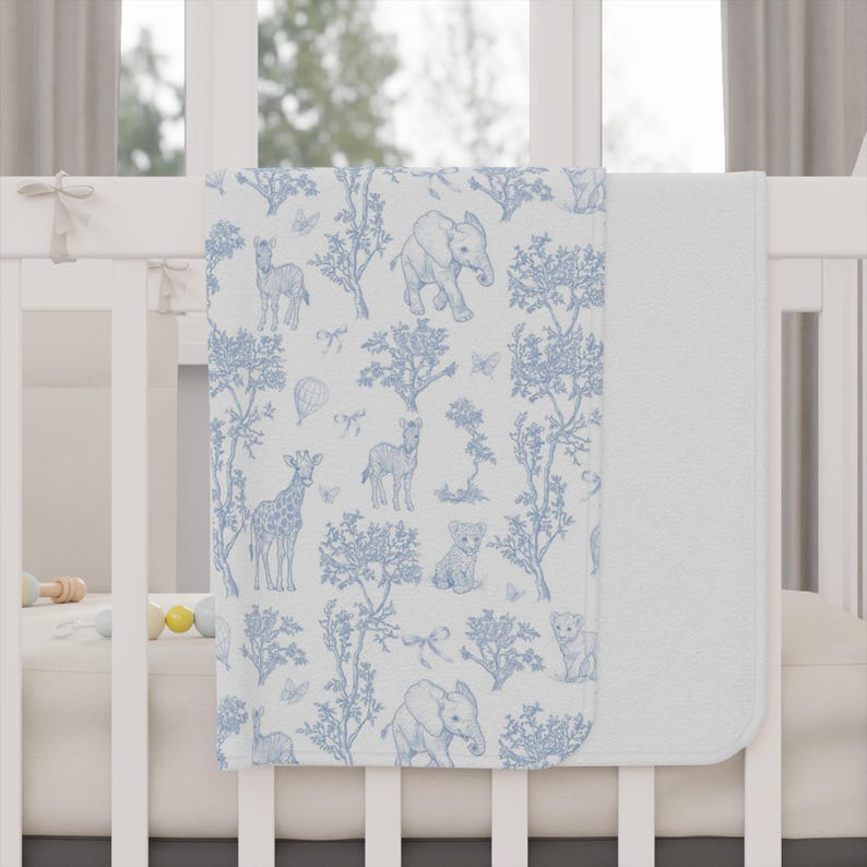 Safari Toile Baby Fleece Chinoiserie Blanket Toile de Jouy Newborn Fleece Vintage French Country Heirloom Nursery Baby Shower Cozy Gift Blue
