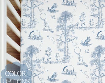 Toile Crib Sheet Winnie the Pooh Chinoiserie Baby Bedding Blue French Country Nursery Sage Storybook Decor Pink Vintage Heirloom Shower Gift