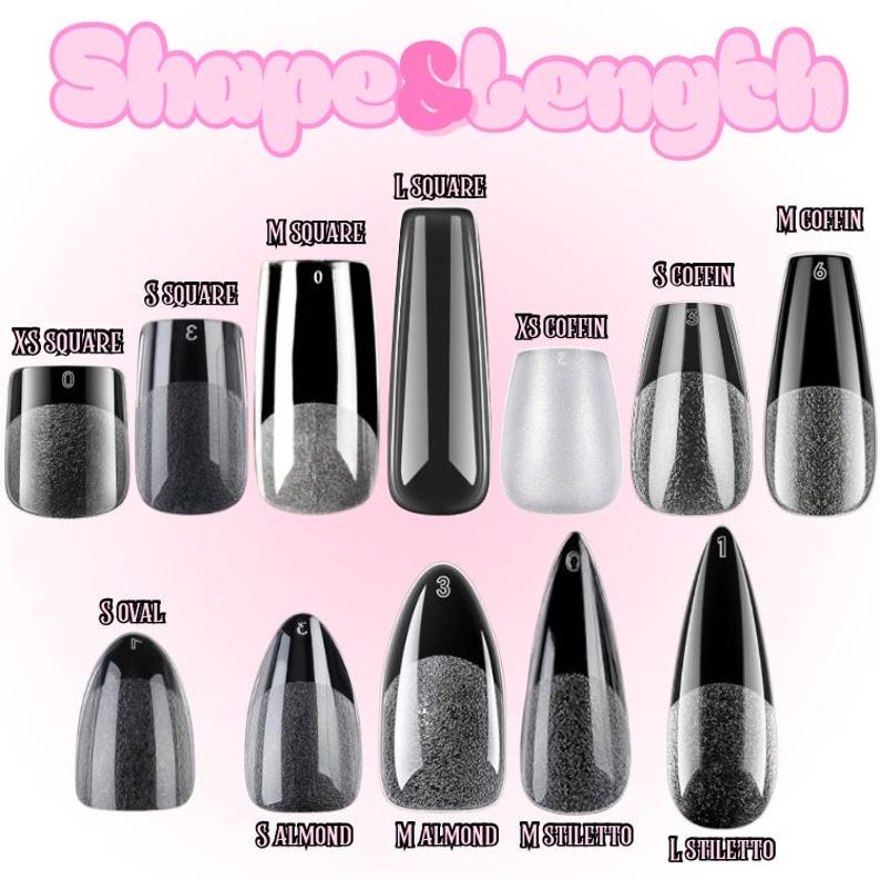 May include: A display of various artificial nail shapes and lengths. The image shows XS Square, S Square, M Square, L Square, XS Coffin, S Coffin, M Coffin, S Oval, S Almond, M Almond, M Stiletto, and L Stiletto nail designs.