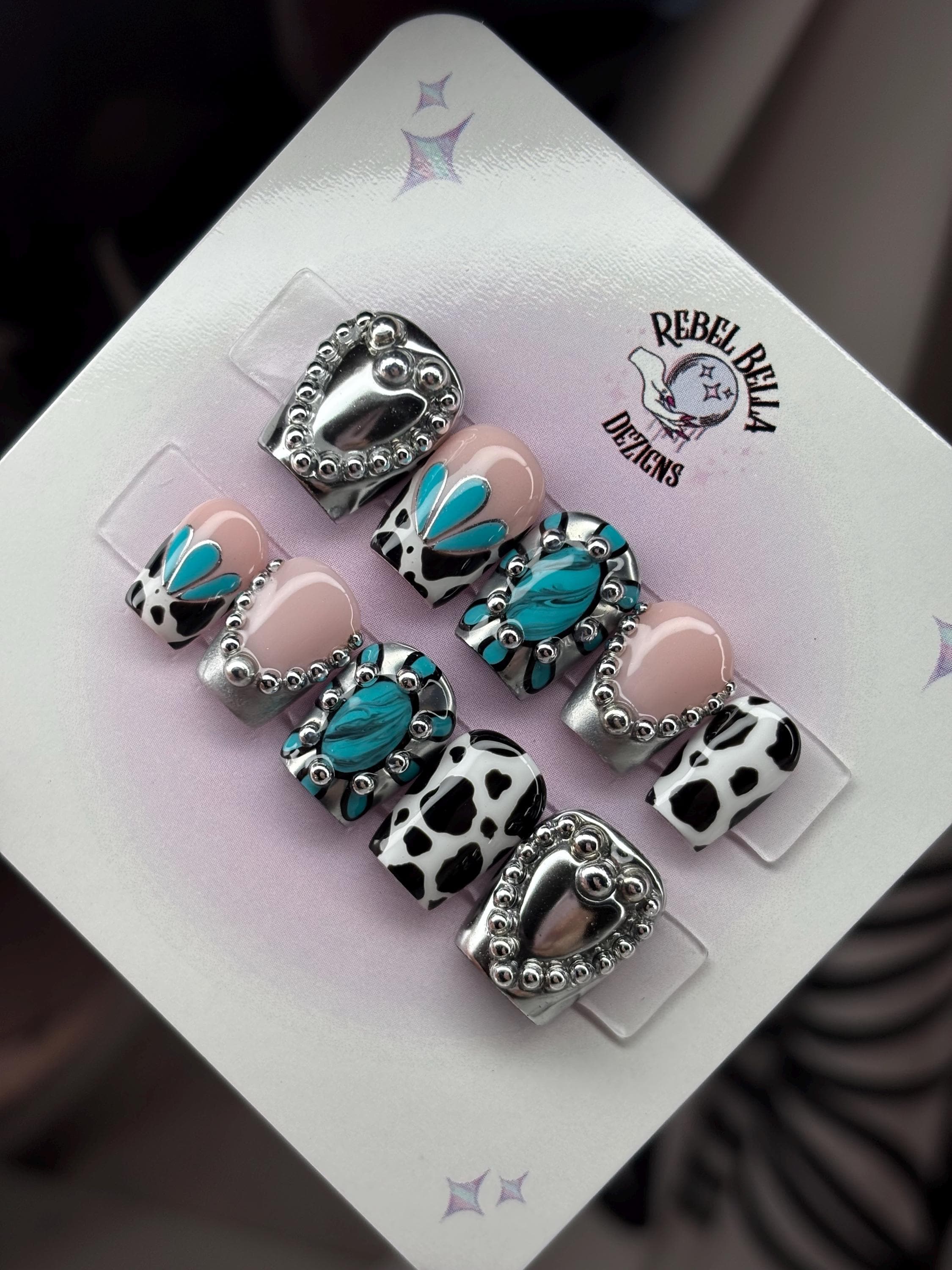 Cow print Western Turquoise Press On Nails: Silver Chrome, Handpainted turquoise stones