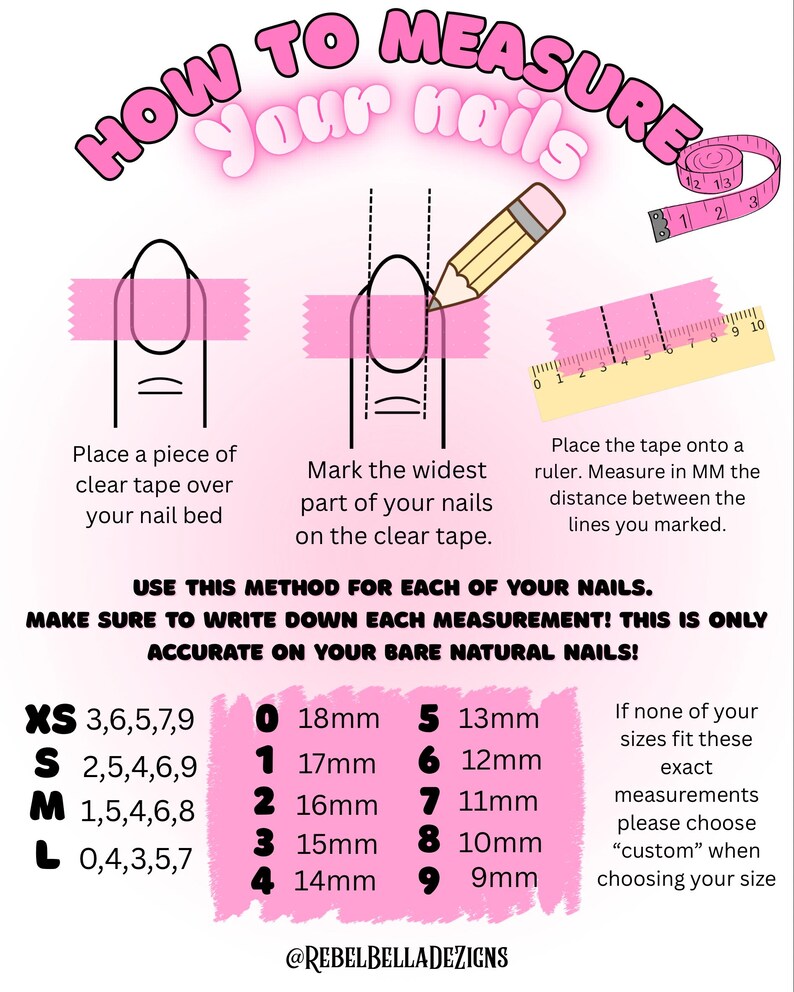 May include: A pink and white graphic with instructions on how to measure nails for sizing. Includes illustrations, a ruler, and a tape measure. Text includes size measurements in millimeters and size options.