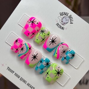 Handpainted Checkered Press On Nails: Retro neon Pink Green Teal