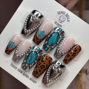 Western Turquoise Press On Nails: Silver Chrome, Leopard print, Handpainted turquoise stones