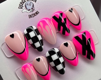 MGK Press On Nails handpainted | hot pink and black tickets to my downfall | lost Americana Concert nails ESTXX