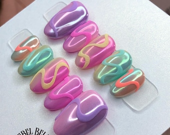 Chrome Neon Ombre Press On Nails: Hand-Painted Summer Squiggles