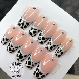 Custom handpainted Cow print press on nails |  western nails | western cow print | western style | press on nails | french tip nails