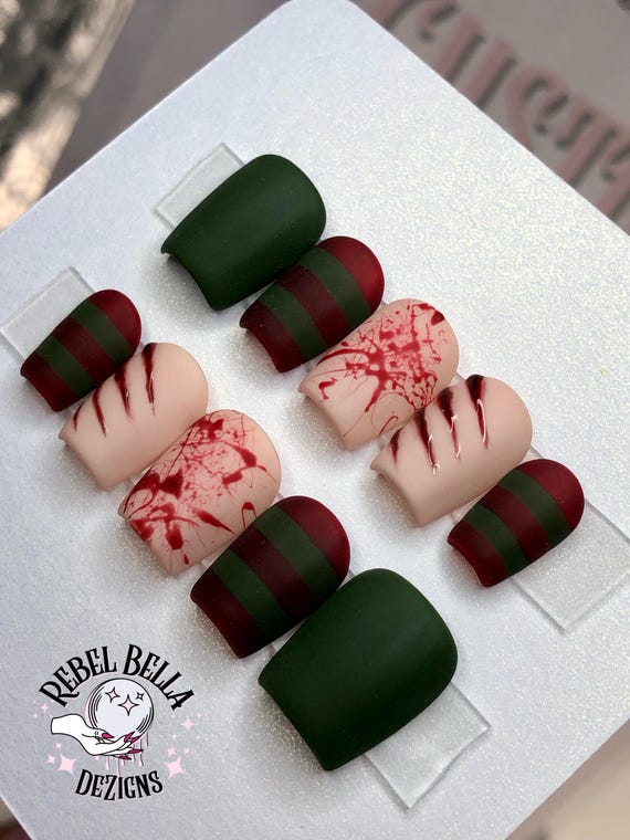 Freddy Krueger Press On Nails: Hand-Painted Horror Halloween Nails