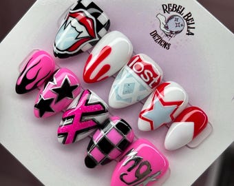 Handpainted MGK Press On Nails | lost Americana | Hot Pink and Black Concert Design