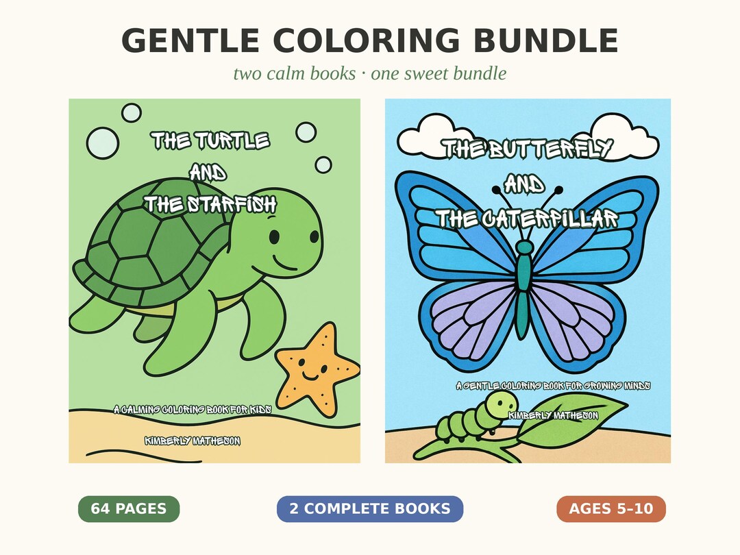 Turtle Color Pages Gentle Coloring Book Bundle — Turtle and Starfish + Butterfly ...