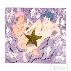 Peut inclure: Une illustration représentant deux personnages aux cheveux roses et bleu foncé, entourés de nombreux lapins blancs sur un fond violet. Une grande étoile dorée texturée est placée au centre de l'œuvre, masquant la partie inférieure du milieu.