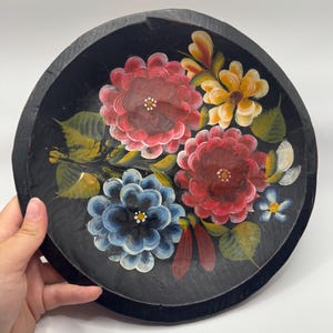 Hand Painted Mexican Batea Bowl: Mid Century Floral Folk Art