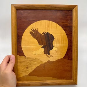 Vintage Solid Wood Framed Marquetry Wood Inlay Eagle In Flight Picture