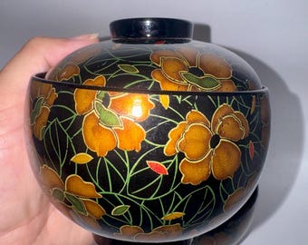 Japanese Mid Century Lacquerware Soup Bowls Handpainted with Floral Design - Set of Two
