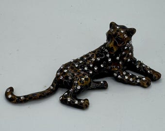 Vintage Enamel and Rhinestone Leopard Trinket Box with Hinged Lid
