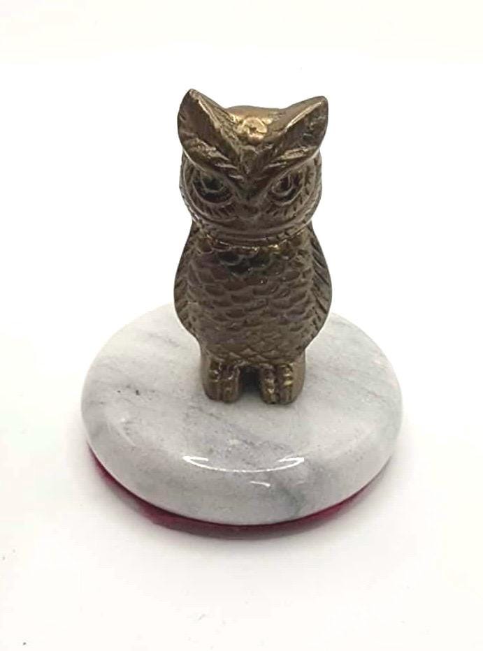 Vintage Mid Century Brass Owl on Marble Stand Paperweight