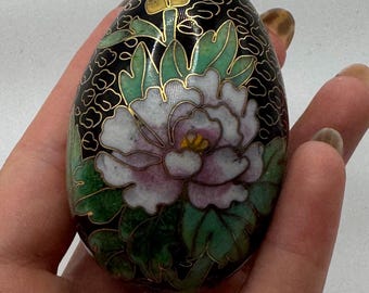 Cloisonne Egg Pink Lotus Floral Flower Black Enamel Vintage Chinese