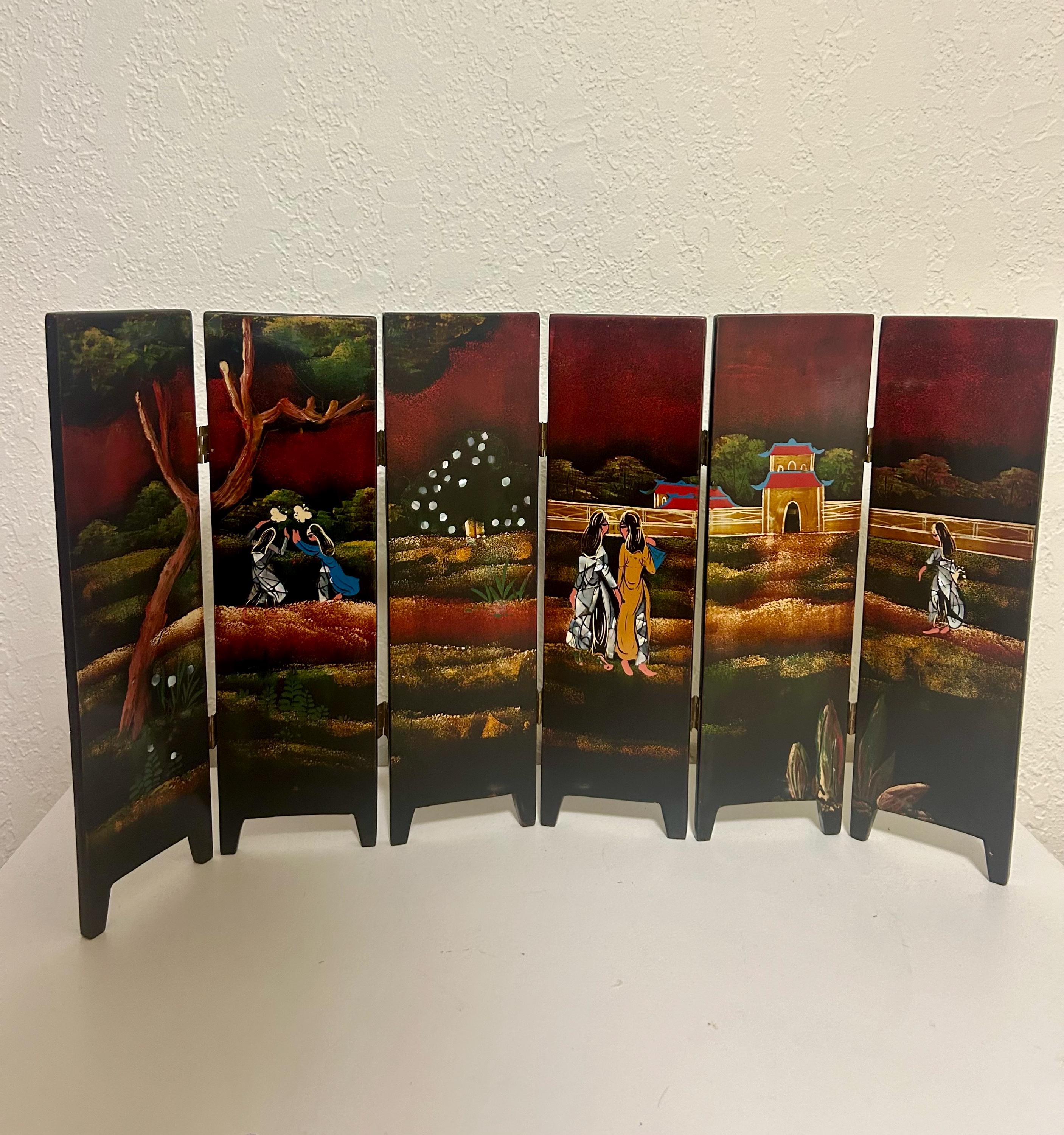 Vintage Asian Six Panel Folding Lacquered Wood Screen With Mother