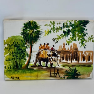 Vintage Southeast Asia Painting, People Riding Elephant, Temple Art