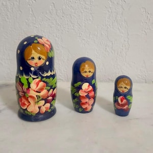 Set of Three Blue Russian Matryoshka Nesting Dolls