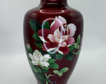 Vintage Japanese Ginbari Cloisonne Akasuke Pigeon Blood Roses Vase