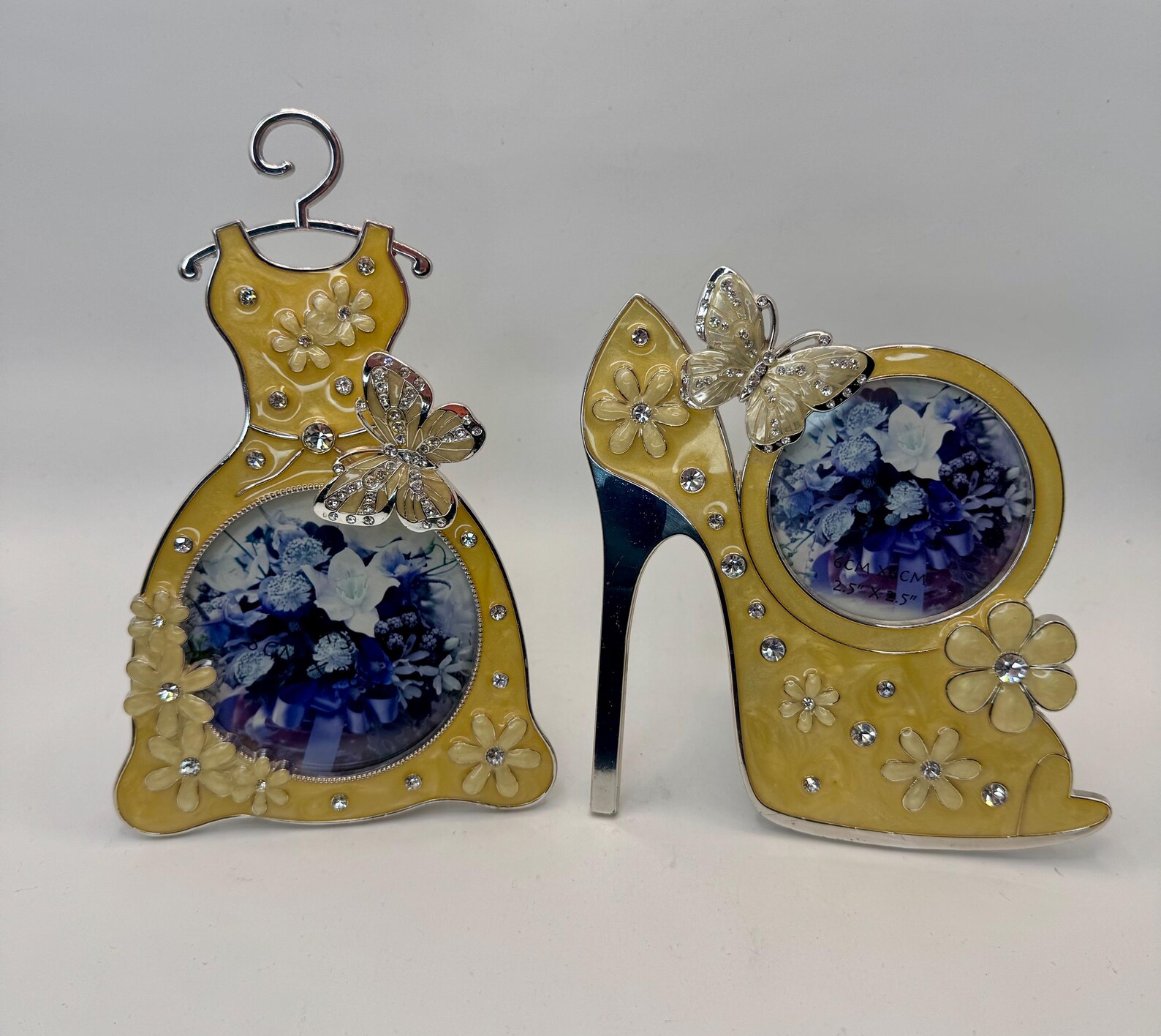 Pair of Shabby Chic Yellow Enamel Picture Frames With Rhinestone ...