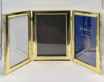 Vtg 70s Tri-fold Picture Frame Photo Holder 5x7 Gold Tone Metal Brass ...