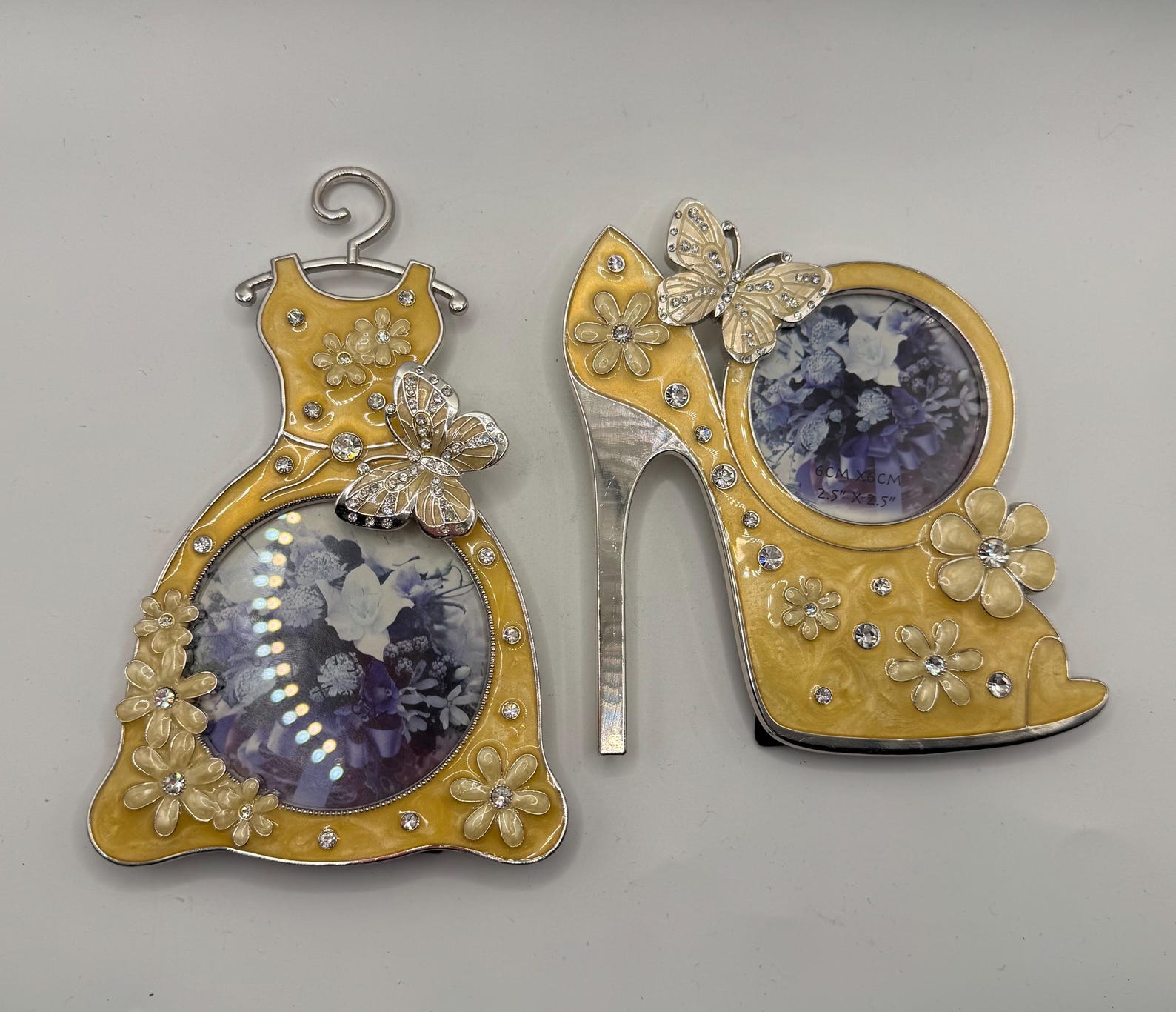 Pair of Shabby Chic Yellow Enamel Picture Frames With Rhinestone ...