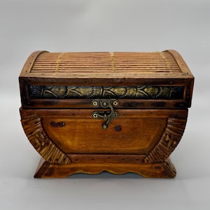 Vintage Curved Bamboo Rattan Trunk with Decorative Metalwork and Latch