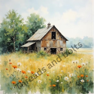 Rustic Barn Wildflower Field Print: Country Home Decor (Digital Download)
