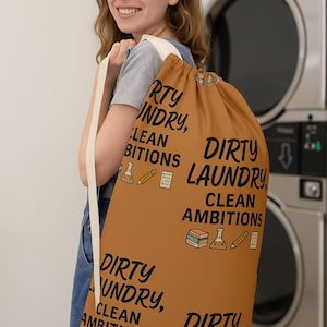 Laundry Bag with Strap, Funny Dirty Laundry Clean Ambitions Sack for College, Dorm Life, Students & Teens Gift