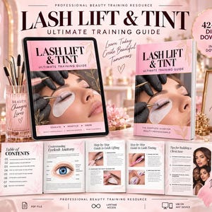 May include: A 42-page digital Lash Lift & Tint ultimate training guide featuring a tablet and a printed manual displaying beauty procedures. The resource includes step-by-step instructions, eyelash anatomy diagrams, and business tips for professionals.