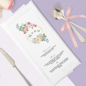 Elegant Menu Template with Blush Pink and Red Flowers  Download, Burgundy Flowers Wedding Menu Reception Template, Digital Menu Download