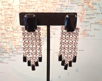 Ice, Ice, Baby: Vintage 1980s Art Deco Revival Runway Black Clear Rhinestone Mogul Dangle Clip On Earrings