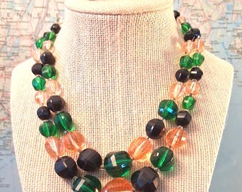 New Orleans: Vintage Green Peach Black Lucite Multi Strand Bold Light Rockabilly Necklace Matching Clip Earrings Adjustable West Germany