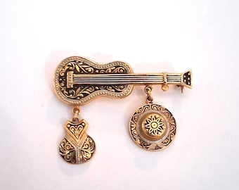 Guitar Dreams: Vintage Damascene Charm Dangle Musical Instrument Link Gold Black Pin Brooch Estate Jewelry